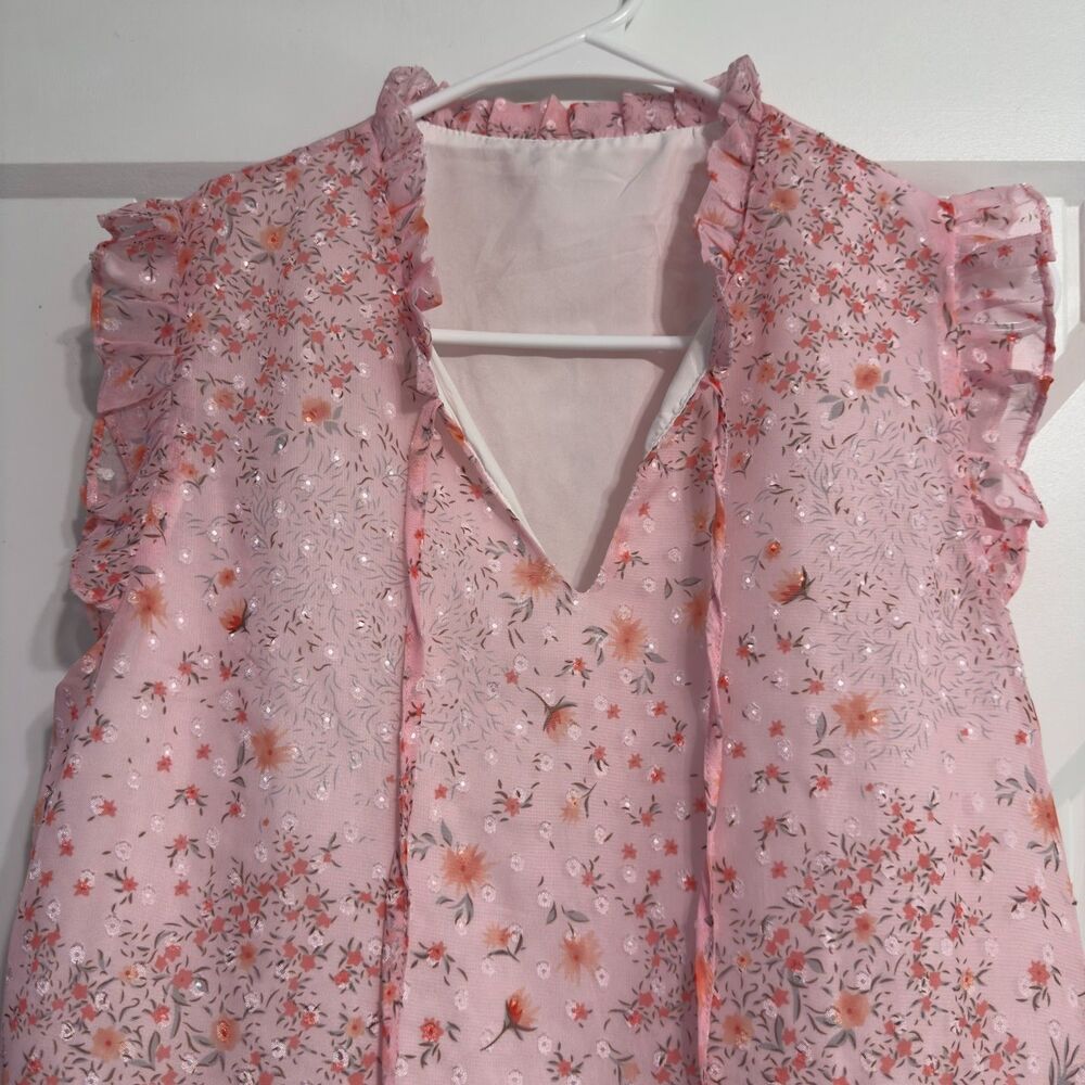 Women’s Pink Sleeveless Sheer Floral Ruffle Tie Neck Blouse Top Size Small - Picture 7 of 13